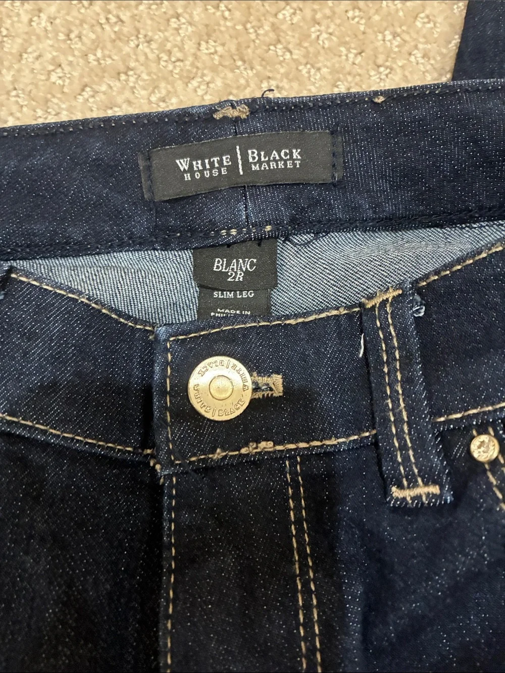 WHBM slim leg, rhinestone pocket jeans